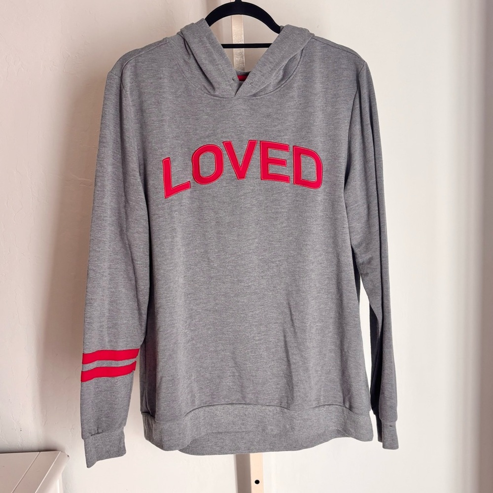 Pajamagram LOVED Soft Hooded Sweatshirt Gray Red Print, Sz Medium